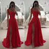 Red Prom Dress a line straps satin Evening Dress elegant Pleats Split Formal Long Special Occasion Party dress robe de soiree