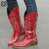 Stiefel GOGD Neue mittelhohe Westernstiefel, modische Damen-bestickte Cowboy-Cowgirl-Stiefel, spitze Zehen, dicke Absätze, mittelhohe Reitstiefel, L2401