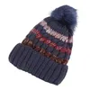 Berets Women Stylish Knitted Hat Wool Yarn Warm Color Matching Crochet Beanie Plush Ball Sewed Headgear Headpiece For ( )