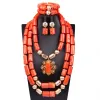 Cloisonne 3 Layers Red Coral Nigerian Wedding African Beads Jewelry Set 45 Inches Gold and Coral Long Statement Necklace Set Cnr853