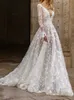 Abiti casual di base Abiti da sposa bianchi con scollo a V sexy in pizzo senza schienale per le donne Abiti eleganti floreali a maniche lunghe con cerniera Abiti da sera a vita alta T240129