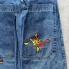 Женские джинсы Уличная одежда JNCO Y2k Хип-хоп узор с вышивкой Винтажные мешковатые черные брюки Мужчины Женщины Широкие джинсовые брюки с высокой талией