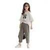 مجموعات الملابس 2024 Teenager Summer Kids Girls Cloth Cotton Cow Half Sleeve Tops Tops T Shirt Plaid Onkle-Tie Pants 6 7 8 9 10 11 12 Year