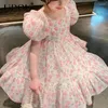 Girl Dresses 2024 Korean Fashion Summer Dress Girls Vintage Cute Kawaii Sweet Elegant Floral Loose Casual Square Neck Children's Robes