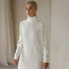 Weiße Rollkragen-Strickkleider für Damen, Winter, Herbst, übergroßes Pulloverkleid, modisches Langarm-Minikleid, lässige Strickwaren 240119