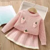 Set di abbigliamento Set di maglia a maniche lunghe per bambina da bambina Set di maglia a maniche lunghe natalizio in maglia coreana Edizione coreana Tinta unita Cartoon Pullover in maglia per bambini Top + mezza gonna