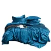Roupa de cama de imitação de seda de cor pura, lençol, capa de cama e fronha 4 conjuntos
