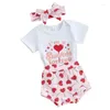 Ensembles de vêtements pour bébés filles, tenue de saint-valentin, manches courtes, imprimé coeur sucette, barboteuse, bandeau, 3 pièces, ensemble pour tout-petits