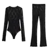 Leggings Femmes Trafza taille haute dentelle combinaisons femmes mode tendance évider mince noir long