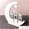Other Festive Party Supplies Eid Mubarak Wooden Pendant Ramadan Decoration Led Candles Light Moon Star Crafts Decor For Home Al Ad Dh1Aq