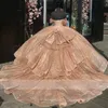 Glitter Rose Gold Prinses Quinceanera Strik Off Schouder Kristallen Kralen Glanzende Assepoester Sweet 16 Jurk Vestidos De 15 Anos 322