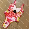 Women Swimsuit One Piece Floral Printed Beachwear Letter Swimwear High Waist Sport Bathing Suit