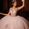 Sparkly Blush Off the Shoulder Quinceanera Dress Ball Gown Gold Appliques Lace Beading Tull Puffy Skirt Sweet 16 Dress vestidos de 15