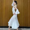 Scene Wear White Ballroom Dance Performance Clothes Vuxna Samba Waltz Modern Dancing Dress Women Latin Competition SL9665