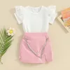 Clothing Sets Girls Summer 2 Piece Outfits White Short Sleeve Lace Ruffle Tops Pink Culottes Set