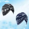 BERETS 2st Ethnic Style Turban Women Headscarf Double-Layer Hat Twisted Elastic Headgear Navy and Black Elephant Pattern