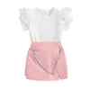 Clothing Sets Girls Summer 2 Piece Outfits White Short Sleeve Lace Ruffle Tops Pink Culottes Set