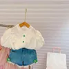 Kledingsets Zomer meisjes kant bladerdeeg mouw top applique bloemen denim shorts mode baby kinderoutfit kinderkleding pak