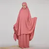Etniska kläder Satin Abaya och Khimar Set för kvinnor Caftan 2 Piece Islamiska huva Abayas Ramadan Eid Muslimska bönplagg Dubai Turkiet