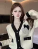 Women's Knits V-neck Pearls Love Sweater Women Short Autumn/Winter Beaded Knitted Cardigan Coat Long Sleeve Top Ladies Cropped Jumper