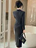 Casual Dresses Fashion Elegant Midi Dress Women's Professional Business Style Long Sleeve Double Breasted Slit Robe Office Lady Work