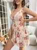 Women's Sleepwear Summer Floral Print Lace Trim Mesh Nightdress Slips Hollow Out Night Dress Babydoll Bride Nightwear