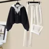 Two piece women's hooded sports shirt+wide leg pants set patchwork new Korean clothing long sleeved track and field clothing 2023 fashion set 240129