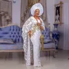 White Lace Mermaid aftonklänningar med Cape Long Sleeves Gold -applikationer plus storlek ASO EBI Formell prom Party Dress Arabic Robe de 191e