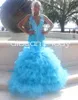 Sparkly Blue Mermaid Prom Birthday Dresses for Women Luxury Diamond Crystal Ruffles Black Girl Evening Gown vestidos gala