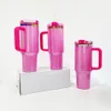 Lasergegraveerde sportkoffie waterfles sublimatie vacuüm geïsoleerd roestvrij staal BPA-vrij H2.0 40oz verkoperde roze glitterbeker met deksel en rietje