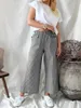 Pantaloni da donna 2024 Primavera Cotone Lino Lungo Nero Elastico in vita Bottone pieghettato Fondo femminile casual allentato