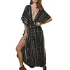 Robes décontractées Protection solaire d'été Cover-up rayé col en V robe maxi avec taille haute ourlet fendu bikini vacances smock