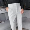 Diseño Hombres Pantalones de cintura alta Sólido Inglaterra Negocios Casual Traje Pantalones Cinturón Cintura Rectos Slim Fit Bottoms Ropa 240123