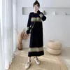 Повседневные платья 2024, осень-зима, полосатое женское черное вязаное платье-свитер в Корейском стиле, длинные платья миди, свободные женские платья