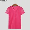 Men's T Shirts Stylish Casual Style Tops INCERUN Rose Red Mesh T-shirts Sexy Comfortable Thin V-neck Short Sleeved Camiseta S-2XL