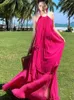 Work Dresses 2024 Summer Women Suit Rose Red Sexy Club Backless Pleated Halter Bandage Long Dress And Holiday Party Zipper Skirt Set