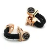 Boutons de manchette de luxe pour hommes, plaqué or Rose, chaîne en cuir noir, Design avec équipement Vintage, boutons de manchette d'affaires de qualité, 240124