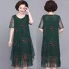 Casual Dresses Plus Size Party Dress Women Midi Flower Print Mother With Double Layers Irregular Hem Round Neck For