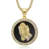 Hip Hop Iced Out Praying Hand Pendant med Mens Chain Gold Color Rostfritt stål CZ Charm Runda halsbandsmycken Male Gift1278K