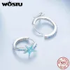 Boucles d'oreilles WOSTU réel 925 en argent Sterling bleu étoile de mer boucles d'oreilles pour les femmes à la main brillant Zircon oreille fête océan bijoux cadeau