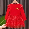 Girl Dresses Children's Christmas Year Full Sleeve Cute Star Red Pink Princess Knitting Dress For Girls 2 3 4 5 6 Years Birthday