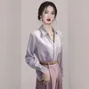 Chemisiers pour femmes élégant automne printemps satin à manches longues pour femmes col en V bouton doré rose violet dames bureau chemise ample hauts femme