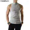 Men's Tank Tops 2024 Men Solid Color Turtleneck Sleeveless Knitted Casual Vests Summer Streetwear Fashion Clothing INCERUN S-5XL