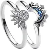 Bandringe 2 Teile/satz Sommer Blau Funkelnder Mond Sonne Ring für Frauen Cocktail Stapelbar Fingerband Mode Silber Farbe Feiner Schmuck Kristall 240125