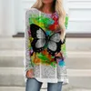 Butterfly Sunflower Floral Print Długie rękawie Tshirt Vintage Kobiety