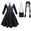 Mädchen Kleider Mode Kinder Film Mittwoch Addams Cosplay Prinzessin Kleid Und Perücke Tasche Set Halloween Kostüm Karneval Gothic Schwarz Kleidung