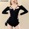 Costumi da bagno da donna VigoAnne Nero Manica lunga Donna 2024 Sexy Push UP Hollow Costume intero Costume da bagno coreano chiuso Monokini Beach