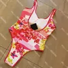 Women Swimsuit One Piece Floral Printed Beachwear Letter Swimwear High Waist Sport Bathing Suit