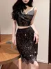 Work Dresses Circyy Two Piece Sets Womens Outifits 2024 Black Sequins Spliced Spaghetti Strap Crop Tops High Waisted Lace Mini Skirts