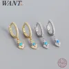 Boucles d'oreilles Wantme 925 Sterling Silver Bohemian Blue Opal Zircon Pendant Boucles d'oreilles pour les femmes Bijoux Hughies Retro European Fashion Retro